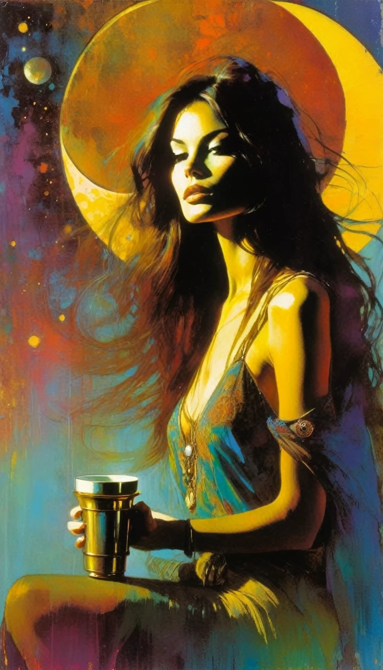 beautiful woman, traveling woman with a luxury cup in one hand, very hippie, half moon, discovery, trip (art inspired by Bill Sienkiewicz). oil painting)