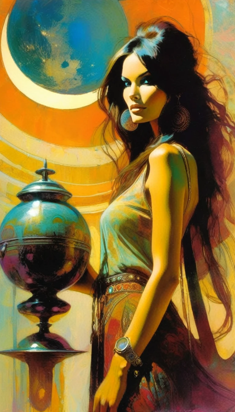 beautiful woman, traveling woman with a luxury cup in one hand, very hippie, half moon, discovery, trip (art inspired by Bill Sienkiewicz). oil painting)