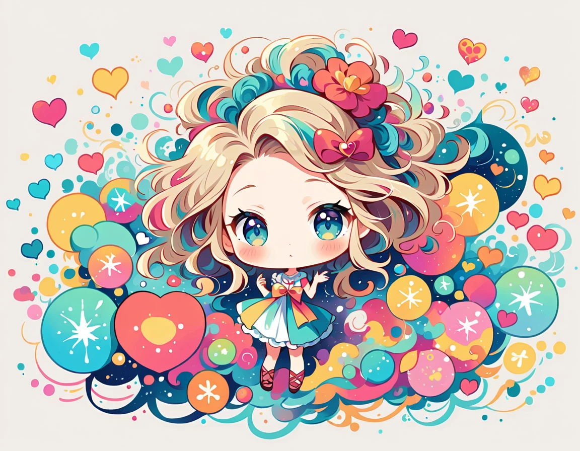 Momoko style, Simple Line Initialism,Abstract art,Urban Background, colorful hearts ,(((The most beautiful girl of all time))), (((chibi))), Cute amoeba
