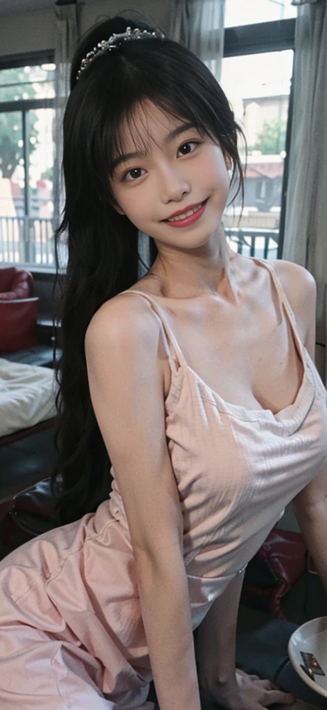 8K,best qualtiy,tmasterpiece,Ultra-high resolution,(Reality:1.4),RAW photogr,(True skin texture:1.3),(filmgrain:1.3),(Selfie angle,pinkdress,Tall floor-to-ceiling windows),1个Giant huge Breast Girl,Beautiful eyes and delicate facial details,tmasterpiece,Best quality at best,closeup full cleavage,The upper part of the body,looking at viewert,(ssmile:1.5),(Grab your hair,Tie it into a ponytail:1.3),Delicate and delicate hands