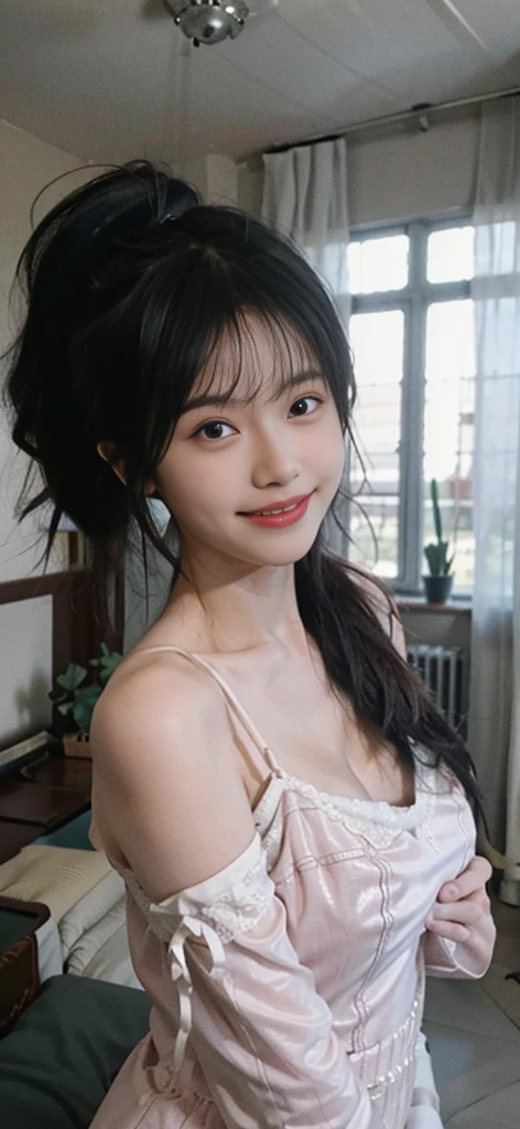 8K,best qualtiy,tmasterpiece,Ultra-high resolution,(Reality:1.4),RAW photogr,(True skin texture:1.3),(filmgrain:1.3),(Selfie angle,pinkdress,Tall floor-to-ceiling windows),1个Giant huge Breast Girl,Beautiful eyes and delicate facial details,tmasterpiece,Best quality at best,closeup full cleavage,The upper part of the body,looking at viewert,(ssmile:1.5),(Grab your hair,Tie it into a ponytail:1.3),Delicate and delicate hands
