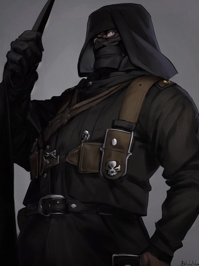 1man, skull belt, black ushanka, WW2 soviet uniform, Pale brown hair, blue eyes, Hairless face, balaclava,serious, threatening, dark gaze, Drawing