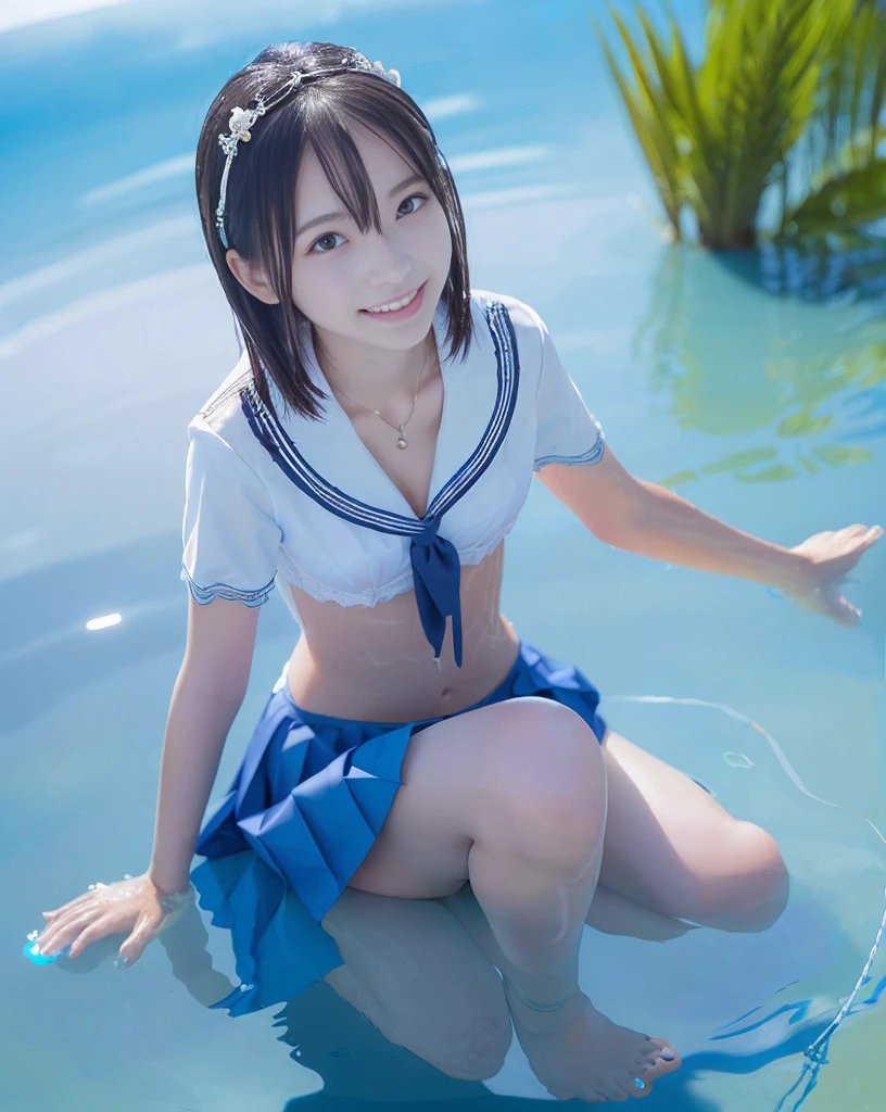 (NFSW)、(High resolution:1.5)、Highest quality,Very detailed,masterpiece,Super detailed,alone,(One  girl),((Summer School Uniforms:1.5)), Seraphim, ((skirt:1.5)),  smile, Thigh fetish images: 1.5、(((barefoot)))、(Her thighs and white bikini reflected in the clear blue water)、(reflected in water:1.5)、((I can see the white string panties:1.5avage)、((Clear water))、Summer sun、はしゃいだsmile、Beautiful Eyes、(pull-out-panties)、(Panties on kneesecklace an、The water is marine blue、
