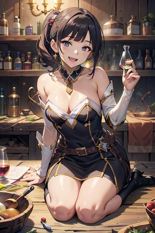 (fantasy:1.5),(anime,8k,masterpiece, top quality, best quality,beautiful and aesthetic:1.2,professional illustrasion:1.1,ultra detail:1.3,perfect lighting),extremely detailed,highest detailed,incredibly absurdres , highres, ultra detailed,intricate:1.6,(Alchemy Workshop:1.4),A girl mixing,Medicine in many small bottles,holding small potion,colorful:1.4,zentangle,(1girl),(girl),(Three kingdoms female warload),(highly detailed beautiful face and eyes,firm breasts),oily skin,((black,hair,short bob with short pony tail hair)),thin pubic hair,cute,lovely,34 years old,alchemist costume,Merchant's Clothing,smile,in the kitchen,smile,seductive weak smiling,(with sparkling eyes and a contagious smile),open mouth, Looking at Viewer,