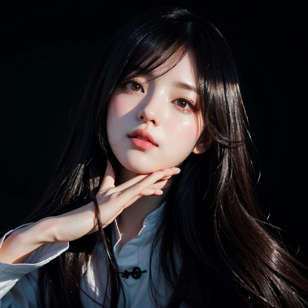 cute girl with long hair and a white shirt looking up, artwork in the style of guweiz, 🤤 girl portrait, realistic artstyle, high quality portrait,