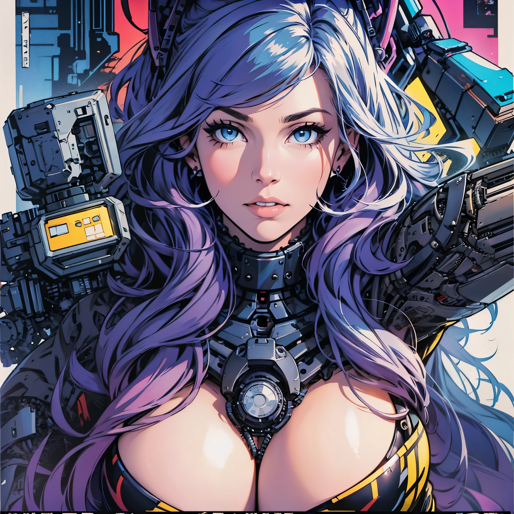 (((ultimate best quality))),(((solo:1.2))),(((1girl:1.2))),((((beautiful perfect woman)))),(((detailed perfect body, detailed perfect finger))),((((((ultimate movie poster)))))),(((bust up, close up))),((((detailed complicated machine)))),(((((genius mechanical))))),(((American comics))),(((extreme highlights))),(((Extremely colorful, primary colors))),cleavage, super beautiful lady,(((typography))),text