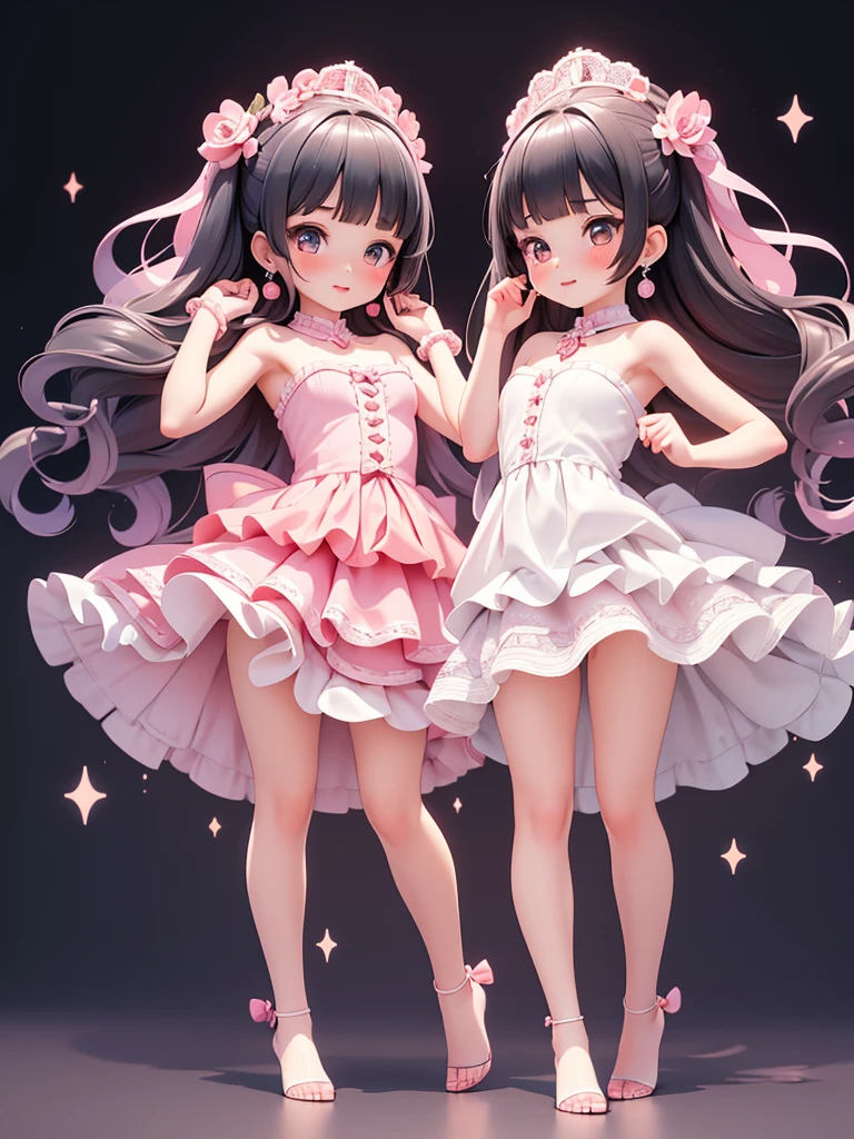 (((bishojo, two girls))), ((kawaii face)), ((kawaii eyes)), (masterpiece), (top quality), (hyper detailed), (exquisite), (depth), (crisp), (8k), (beautiful and aesthetic), (super detailed skin), (high standard), (high resolution), (perfect anatomy), ((full body)), (nose blush), (bare foot), ((armpits)), (blunt bangs), (earrings), (strapless dress), (lipstick)