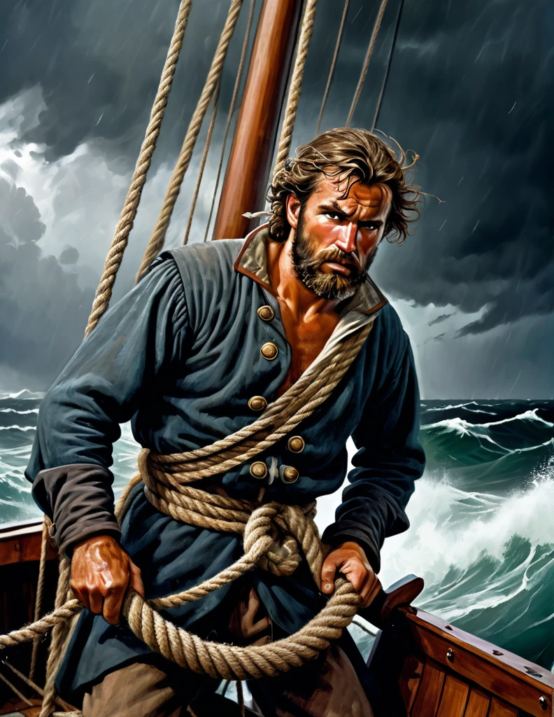 A medieval sailor, dressed in worn and weathered clothing, clings to the mast of his small wooden ship as a fierce storm rages across the Bering Sea. The wind howls and the waves crash against the vessel, threatening to capsize it at any moment. The sailor's face is set in a determined expression, his eyes fixed on the horizon as he struggles to set the sail, his hands grasping the rope with all his might. The stormy sky above is dark and foreboding, with lightning illuminating the clouds. The ship's hull is battered and worn, with ropes and sails torn and frayed. The sailor's determination and bravery in the face of the raging storm are palpable in this dramatic Don Lawrence illustration