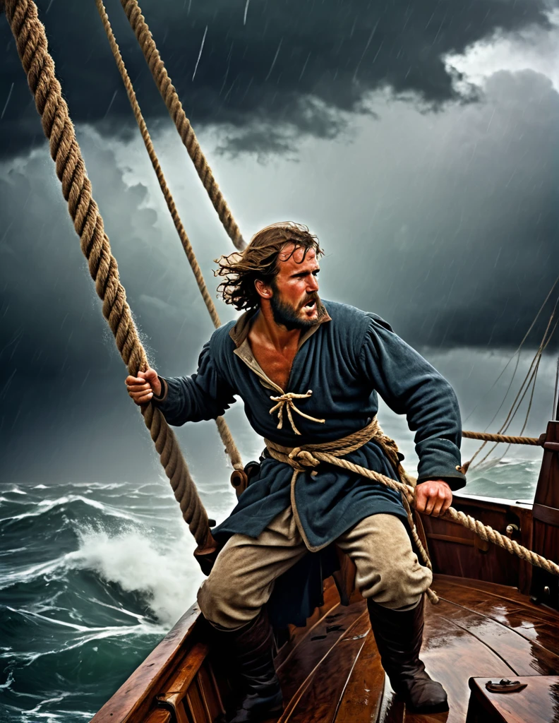 A medieval sailor, dressed in worn and weathered clothing, clings to the mast of his small wooden ship as a fierce storm rages across the Bering Sea. The wind howls and the waves crash against the vessel, threatening to capsize it at any moment. The sailor's face is set in a determined expression, his eyes fixed on the horizon as he struggles to set the sail, his hands grasping the rope with all his might. The stormy sky above is dark and foreboding, with lightning illuminating the clouds. The ship's hull is battered and worn, with ropes and sails torn and frayed. The sailor's determination and bravery in the face of the raging storm are palpable in this dramatic Don Lawrence  illustration