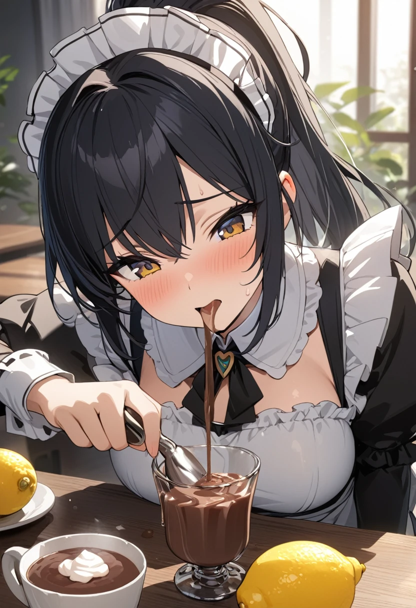 masterpiece, best quality, extremely detailed, anime, Girl, black hair, ponytail, maid outfit, table, cocoa, (she squeezing lemon), juice poured into cocoa,