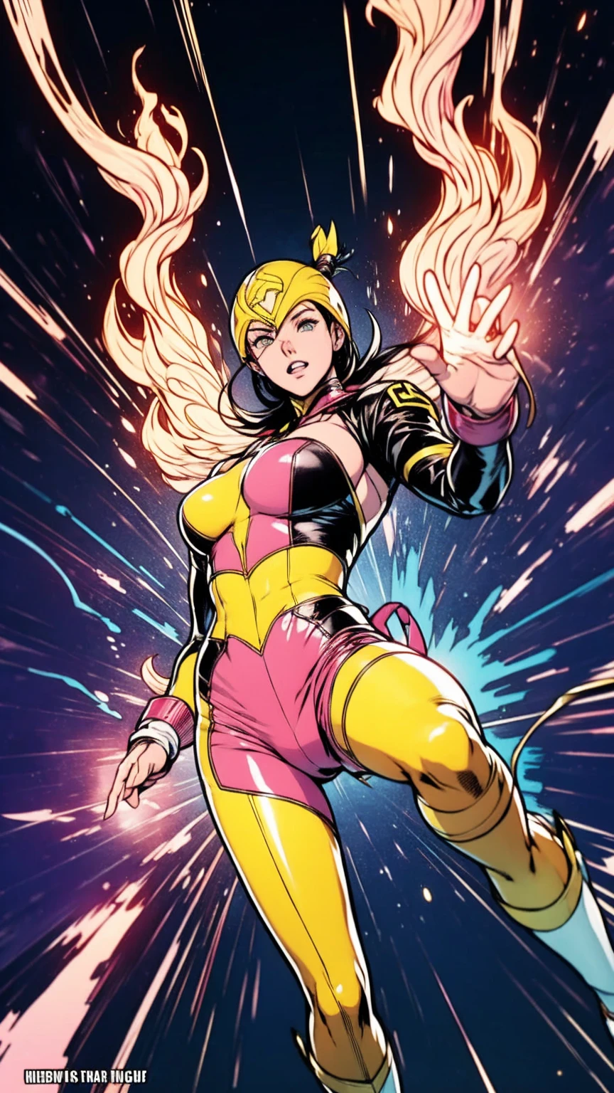 Solo, A brave and courageous image of a 6 member ranger team, Each one is decorated in vibrant colors such as:: ((Pink)), red is front of center, violet, Green, yellow, blue black, white,. Dynamic poses in a background that exudes energy and courage, neon, fire, plasma, Fluorescent, shocking, pink big bomber, splashing pink, running, fighting pose, action pose, Embodying the essence of the classic Sentai superhero team. Each Ranger:: The attire is sophisticated and modern, Each color has elements that reflect its theme., Ready for action. ((Camel Toe)), weapons, in sunset background , in cinematic lighting, cover art mixed cinema poster style,