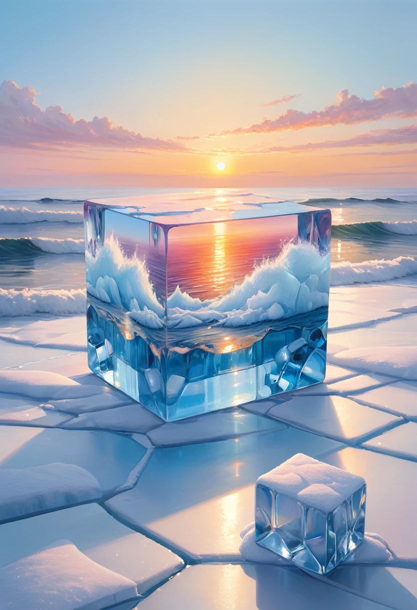 An oil painting：(((sunrise，Ocean，horizon，peaceful)))，(Ice cubes里的红色玫瑰：1.37)，Ice cubes，Frozen Rose，Refracted Light