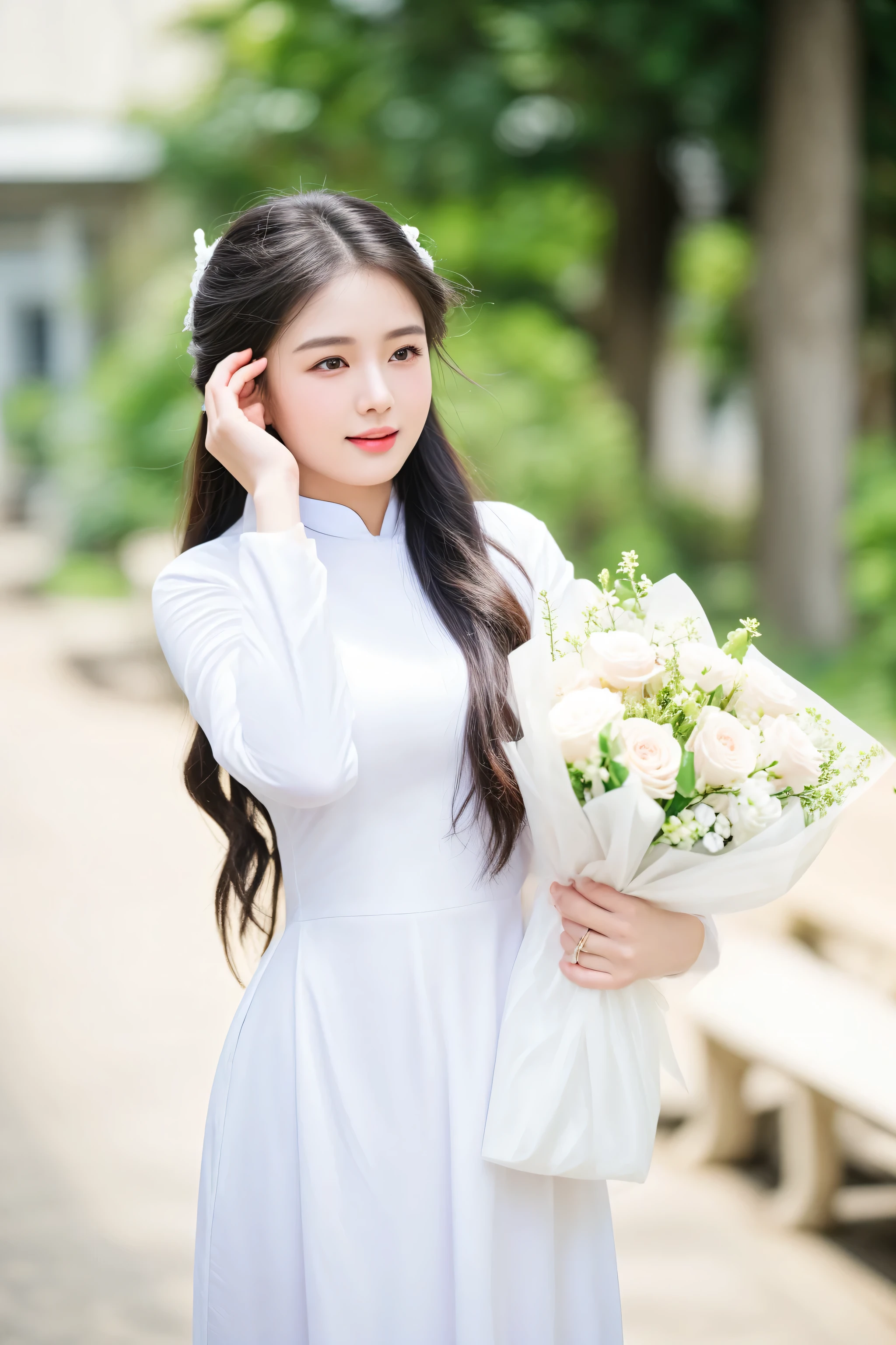 arafed woman in a white dress holding a bouquet of flowers, ao dai, vietnamese woman, a cute young woman, a young asian woman, with flowers, young asian girl, lovely woman, young asian woman, mai anh tran, asian girl, beautiful asian girl, asian woman, an asian woman, carrying flowers, cute young woman, a beautiful woman in white