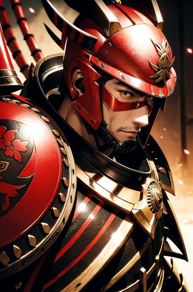 Japan samurai in armor、Highest bit、Highly detailed armor、reddish、ck、Highly detailed background，Realistic，ultra-detailliert，super detailed skin，light glow，Film grain，Expro II，Lens Flare，Sharpen，cinematic shadow
