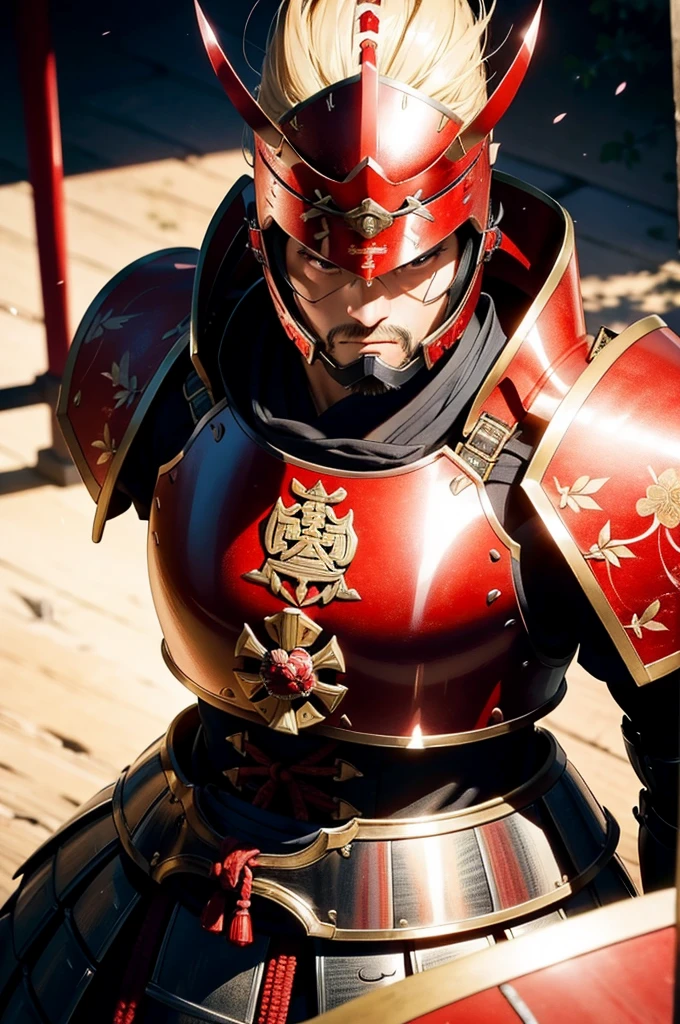 Japan samurai in armor、Highest bit、Highly detailed armor、reddish、ck、Highly detailed background，Realistic，ultra-detailliert，super detailed skin，light glow，Film grain，Expro II，Lens Flare，Sharpen，cinematic shadow