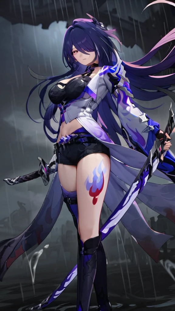 ((masterpiece)),((Highest quality)),High resolution,Extremely detailed CG,Perfect lighting,8k wallpaper,
One Girl,Acheron \(Honkai: Star Rail\),Purple Hair,Very long hair,Purple eyes,Look at the audience,black sea 水,rain,Big Tits、Holding a sword、Dark Background
