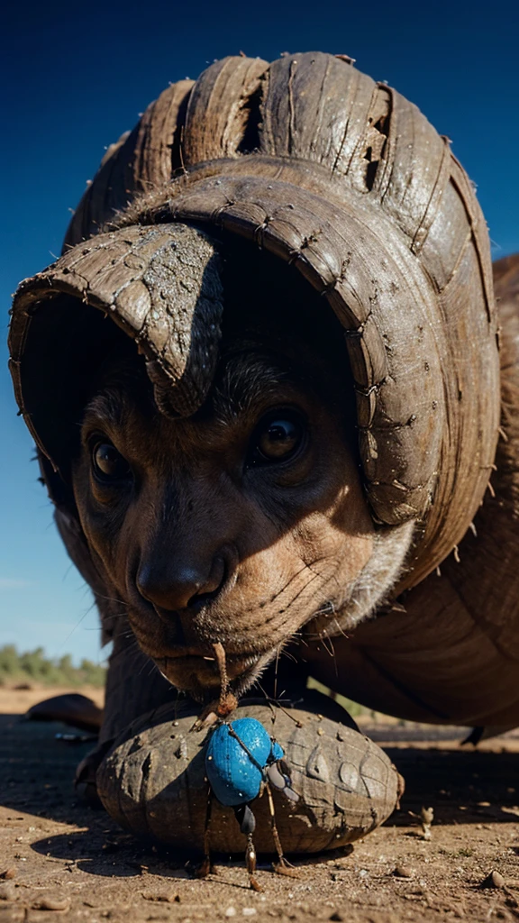 a wise old man curiously looking at an ant with a big acorn on his back, ant view, 4k realistic imagery, blue scenery like a movie scene, old american setting, inspired by blade runner movie scene, blue tone,