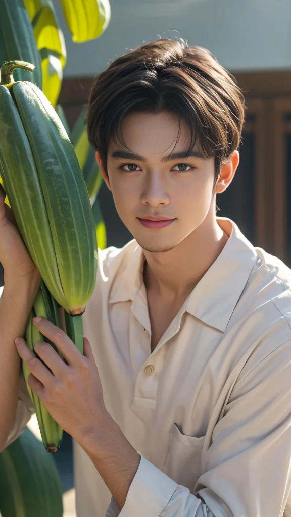 (RAW photo :1.2), (verisimilitude :1.4), (pure background), professional dress male, banana in hand, posing at screen smiling, very detailed eyes and face, super detailed, High resolution, very detailed, best quality, masterpiece, 8k, amazing, fine detail, soft lighting