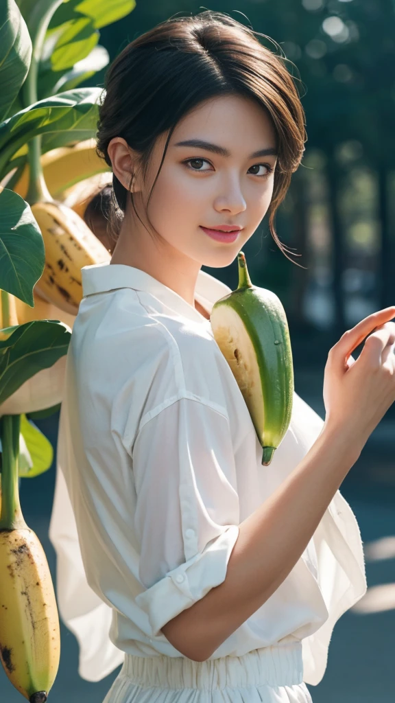 (RAW photo :1.2), (verisimilitude :1.4), (pure background), professional dress male, banana in hand, posing at screen smiling, very detailed eyes and face, super detailed, High resolution, very detailed, best quality, masterpiece, 8k, amazing, fine detail, soft lighting
