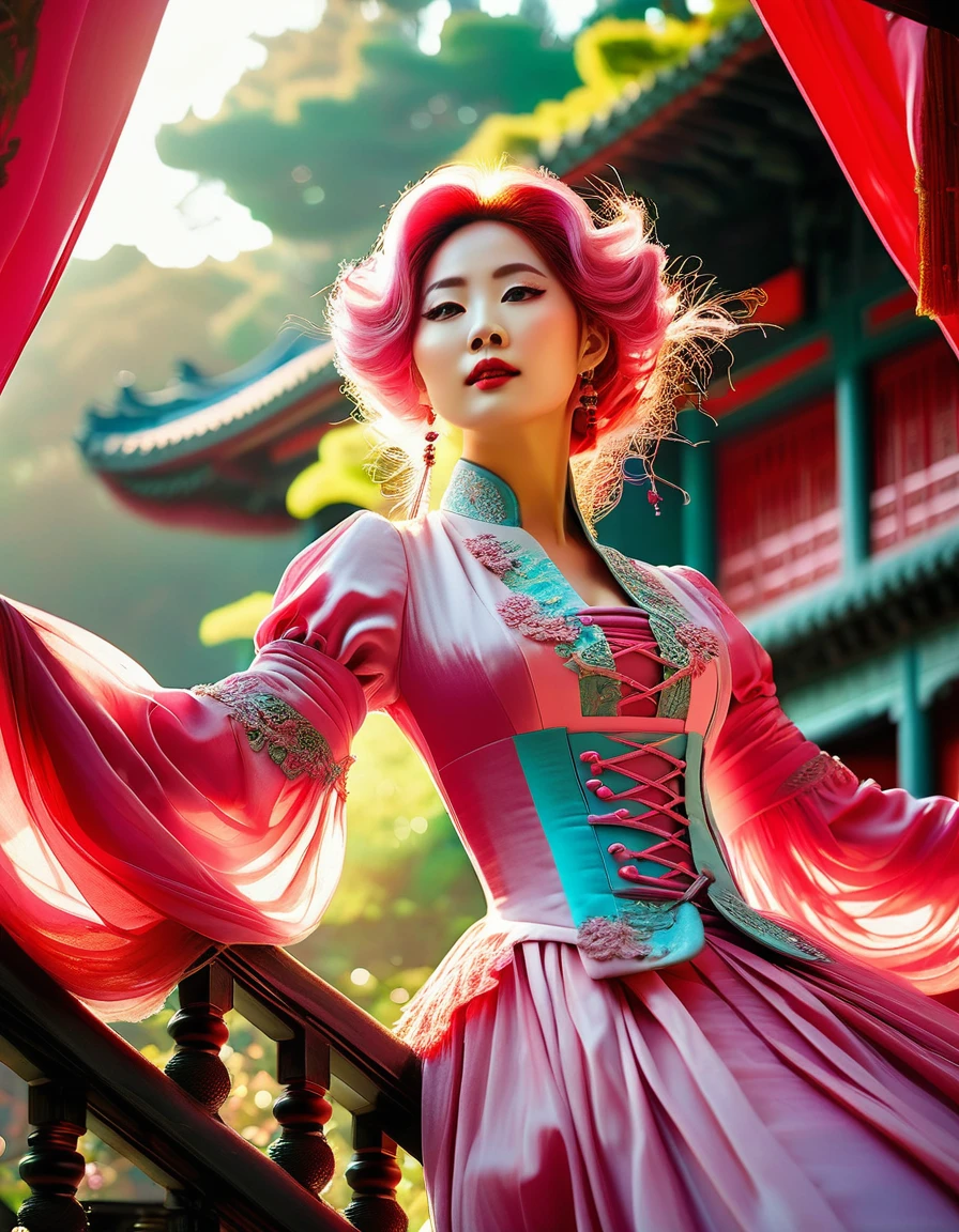 Low Angle shooting, super wide lens,
Rococo stylesolo, wearing Regency-inspired or Regency-era fashion,from 19 th centurey, beamsunlightmedium breasts,
curtainstreelight raysreflection,long, pink hair, stairs 
A shot with tension(sky glows red, Visual impact, giving the poster a dynamic and visually striking appearance:1.2),Chinese Zen style,impactful picture,
