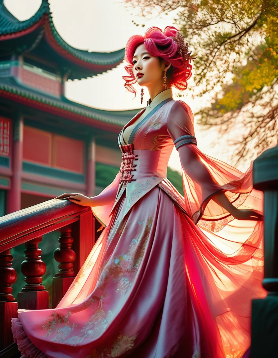 Low Angle shooting, super wide lens,
Rococo stylesolo, wearing Regency-inspired or Regency-era fashion,from 19 th centurey, beamsunlightmedium breasts,
curtainstreelight raysreflection,long, pink hair, stairs 
A shot with tension(sky glows red, Visual impact, giving the poster a dynamic and visually striking appearance:1.2),Chinese Zen style,impactful picture,

