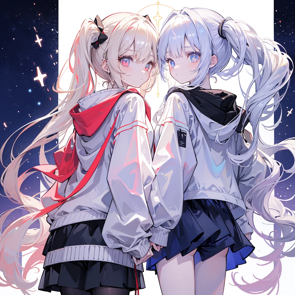 Two girls,
the first one has red eyes and beige hair in twin tails,
the second one has blue eyes and white hair in side tails,
they are both wearing sporty hoodies and shorts in monochrome, colorful on white background, glowing, stars, light, ephemeral,, mirrornun