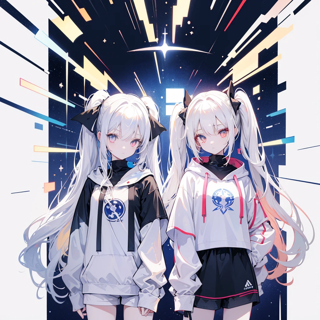 Two girls,
the first one has red eyes and beige hair in twin tails,
the second one has blue eyes and white hair in side tails,
they are both wearing sporty hoodies and shorts in monochrome, colorful on white background, glowing, stars, light, ephemeral,, mirrornun