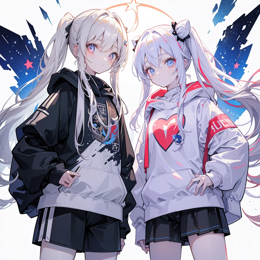 Two girls,
the first one has red eyes and beige hair in twin tails,
the second one has blue eyes and white hair in side tails,
they are both wearing sporty hoodies and shorts in monochrome, colorful on white background, glowing, stars, light, ephemeral,, mirrornun