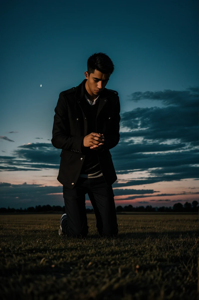 A young man on his knees in an early morning with sky. dark.