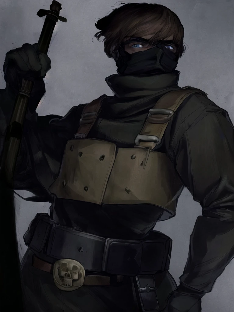 1man, skull belt, black ushanka, WW2 soviet uniform, Pale brown hair, blue eyes, Hairless face, balaclava,serious, threatening, dark gaze, beautiful man,Drawing 