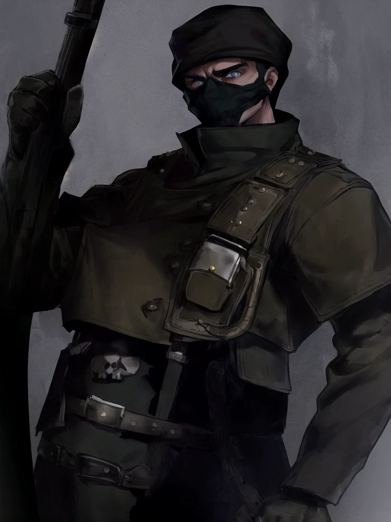 1man, skull belt, black ushanka, WW2 soviet uniform, Pale brown hair, blue eyes, Hairless face, balaclava,serious, threatening, dark gaze, beautiful man,Drawing