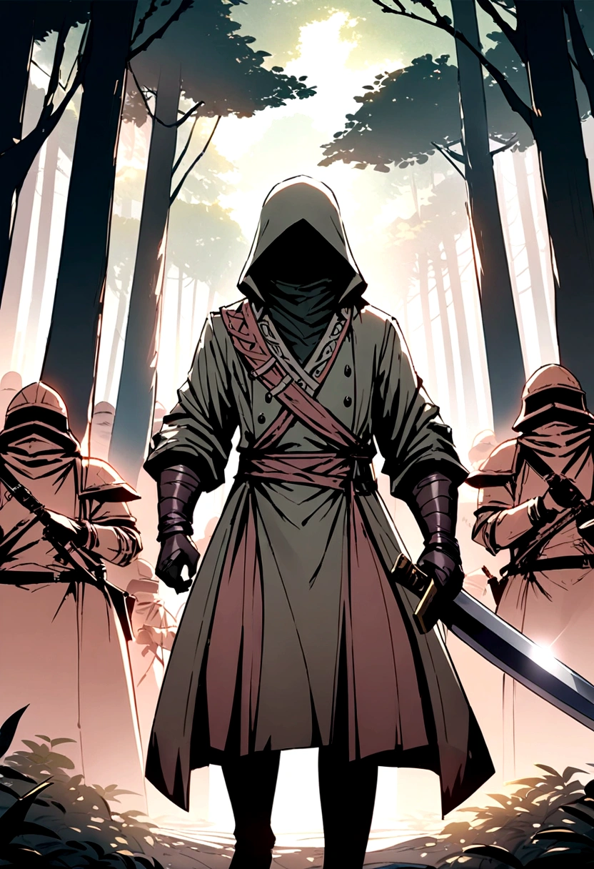 A bandit with a long hair holding a sword with his army behind him, set in a forest. Approaching perfection, Long take shot, Ultra detailed, smooth, 4K resolution. 