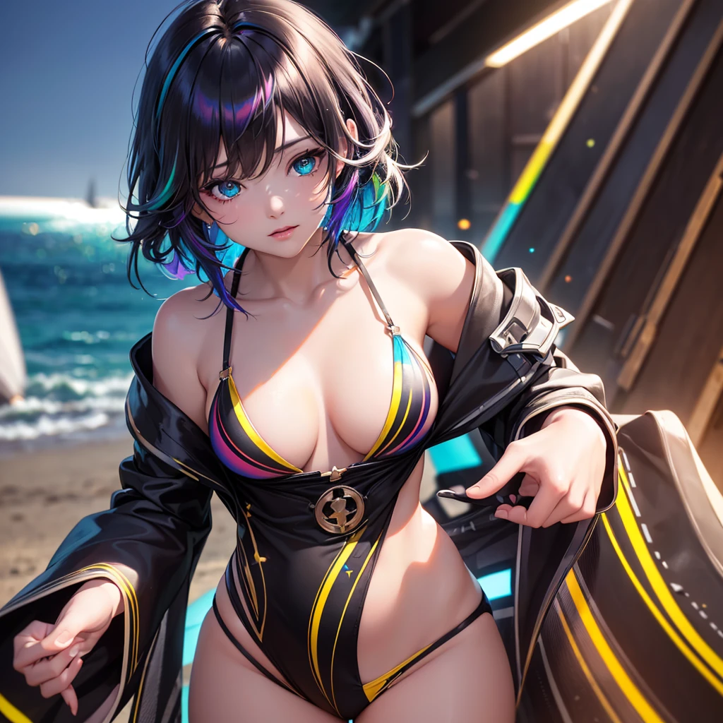 {{masterpiece}}, best quality, extremely detailed CG unity 8k wallpaper, cinematic lighting, lens flare, beautiful detail eyes, black,  side glance,  multicolor short white hair, colorful light, particles, heterochromia, (colorful:1.5), (colorful hair:1.5), futuristic little bikini, beach view, nipple slip, little breast,
