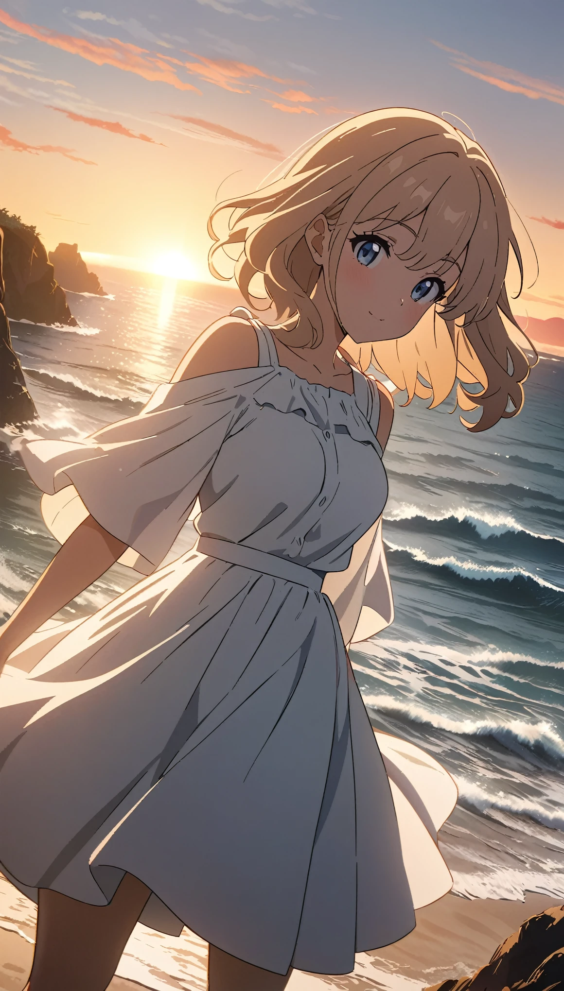 sunrise, Coastal scenery, The sun rises on the horizon, Beautiful animation, Anime Style:1.2, Woman silhouette, Asahi, Breathtaking beauty, High resolution, high resolution, masterpiece:1.2.