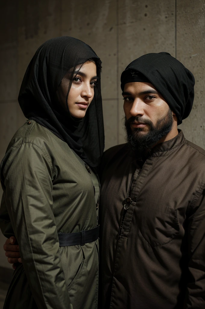 Portrait of two people, a real man complete with military fatigues and a beard on his face, and an elegant woman dressed in Islamic dress and wearing a niqab.