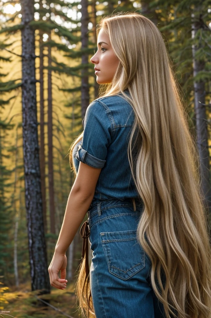 Generate a realistic image of a young woman around 23 years old, with long blonde hair and brown eyes. She has an attractive silhouette and is set in an Alaskan landscape. Position her with a 3/4 back view, gazing into the distance towards a forest of pine trees. The image should be framed to show the top half of her body, similar to an American shot