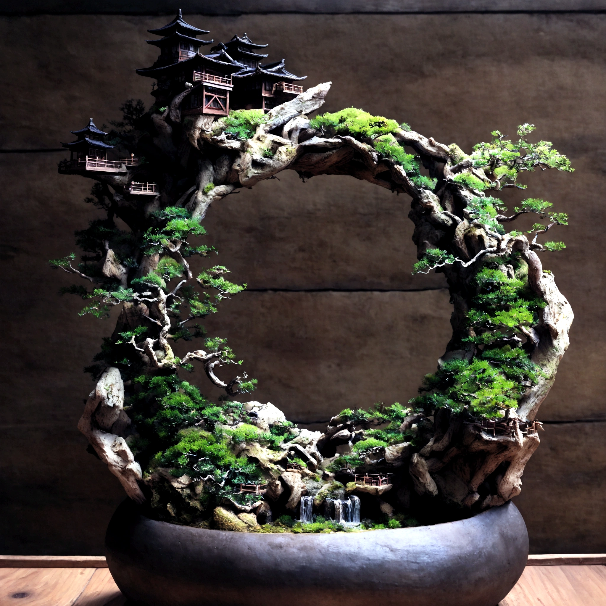 there is a small tree in a pot with moss growing on it, made of bonsai, lush plants and bonsai trees, original and creative landscape, bonsai tree house, beautiful detailed miniature, miniature forest, in picturesque forest diorama, bonsai, bonsai trees, bonsai tree, detailed scenery, moss terrarium, detailed scenery —width 672, highly detailed diorama
