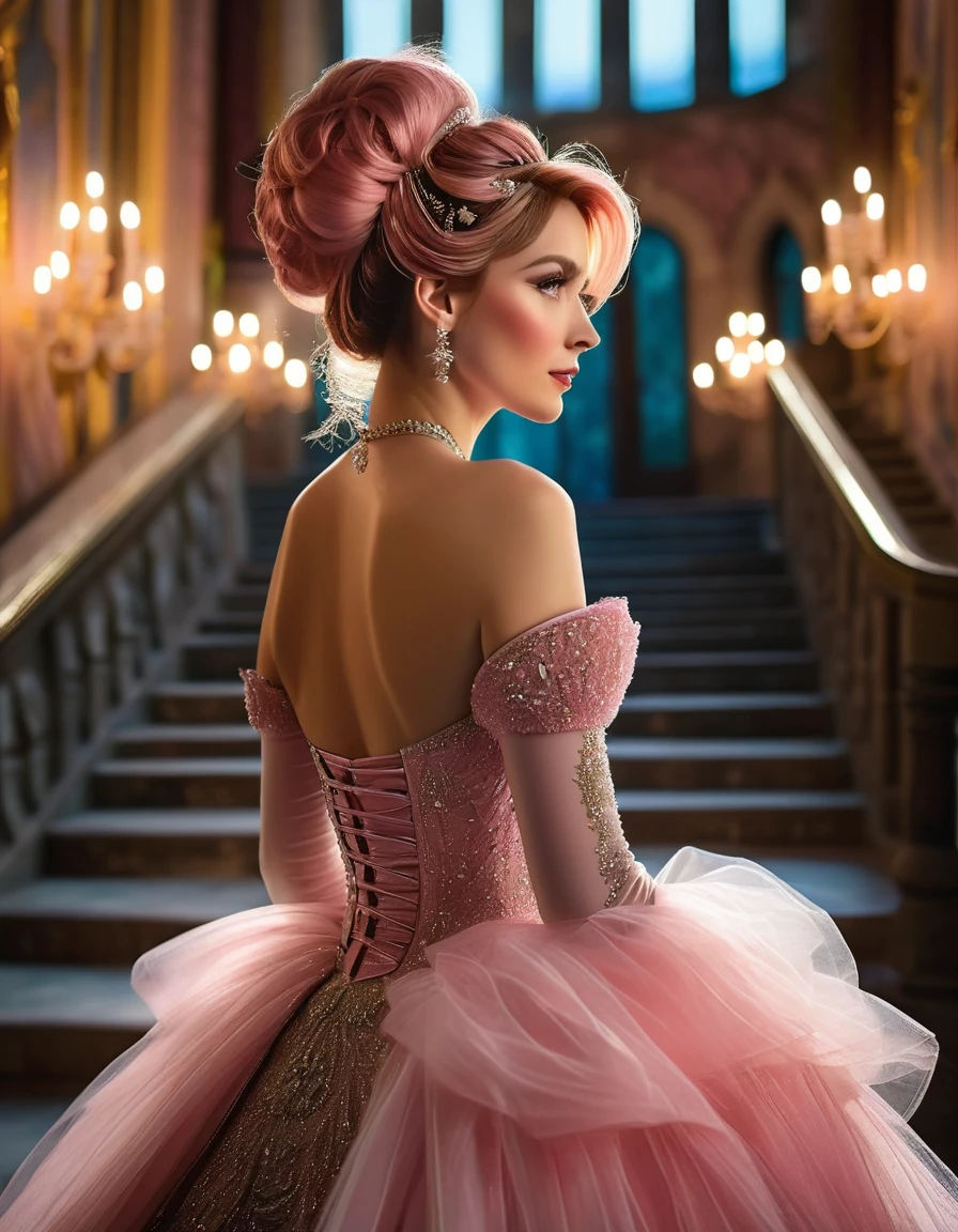 ((masterpiece, Highest quality, Best image quality, High resolution, Realistic, RAW Photos, 8K)), Woman in evening dress, (Long pink hairhair tied back, Jeweled wig, Long gloves, Glass Slipper, Bare shoulders, Bare back), Looking back from halfway up the wide staircase leading to the castle, Look down,far away shot,widea angle taken
