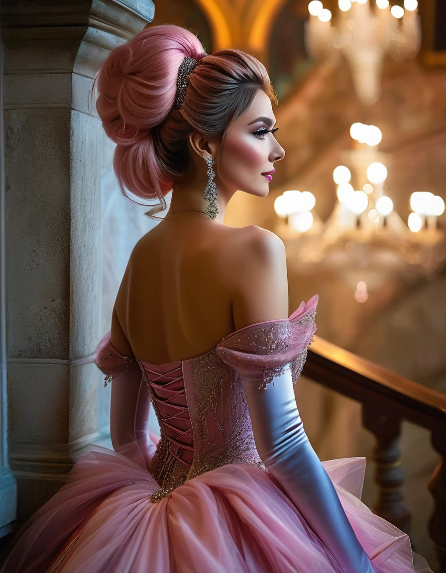 ((masterpiece, Highest quality, Best image quality, High resolution, Realistic, RAW Photos, 8K)), Woman in evening dress, (Long pink hairhair tied back, Jeweled wig, Long gloves, Glass Slipper, Bare shoulders, Bare back), Looking back from halfway up the wide staircase leading to the castle, Look down,far away shot,widea angle taken
