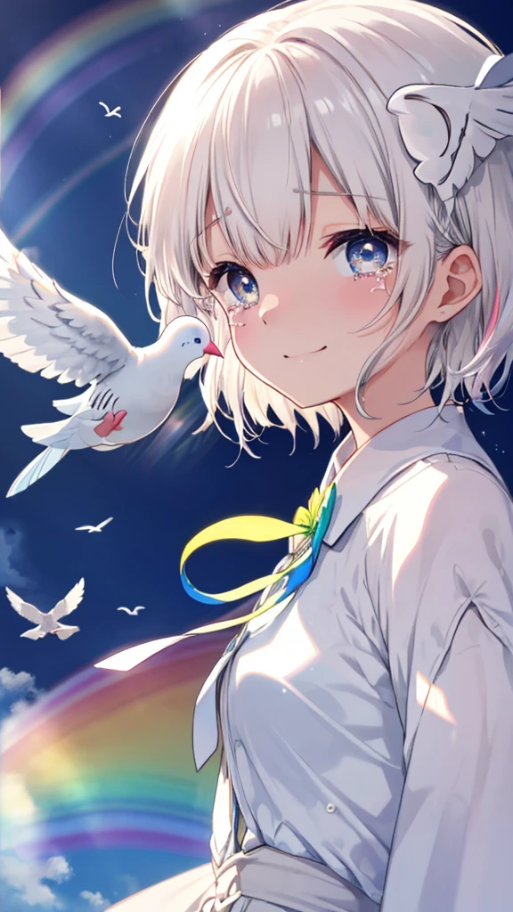 (((Extreme close-up　tears　smile　Low - Angle　Dove of peace)))　((輝くtears　Rainbow Eyes　Short Hair　Receiving the light　Rainbow light))　(Shining Edge)