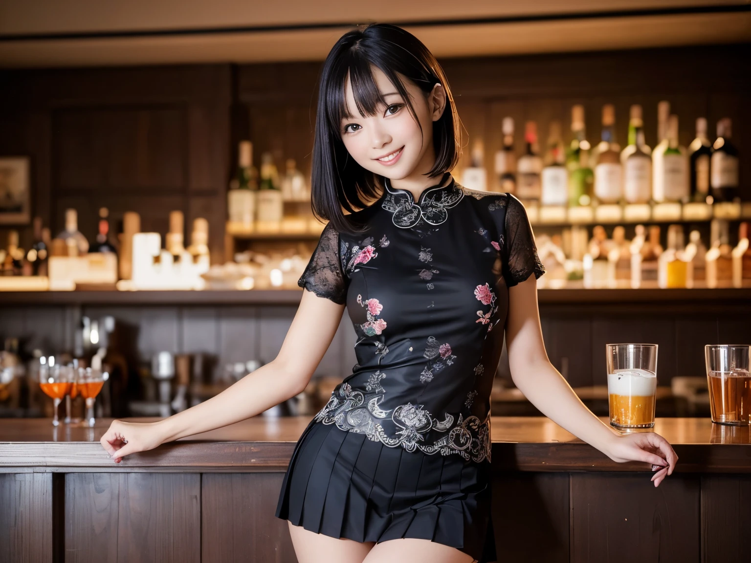 (Highest quality, masterpiece, Ultra-high resolution, 8K, RAW Photos, Realistic, Anatomically correct:1.5), (Stainless steel round bar fence:1.0, Put your elbow on the fence:1.2, high school girl、20-year-old girl:1.2, Embarrassing, avert your eyes, blush:1.0, View Viewer, ((bar)) 、Night view、 Light:1.2, Bokeh, Cinema Lighting:1.0, Depth of written boundary, sharp、 Cute face、Idol、Black short sleeve lace top、Black pleated skirt、Black clothing、”dwarf”、(Floral clothes)、Full Body Shot、Cowboy Shot、(( smile))、(Ultra short hair、Straight Hair)、(Straight bangs)、