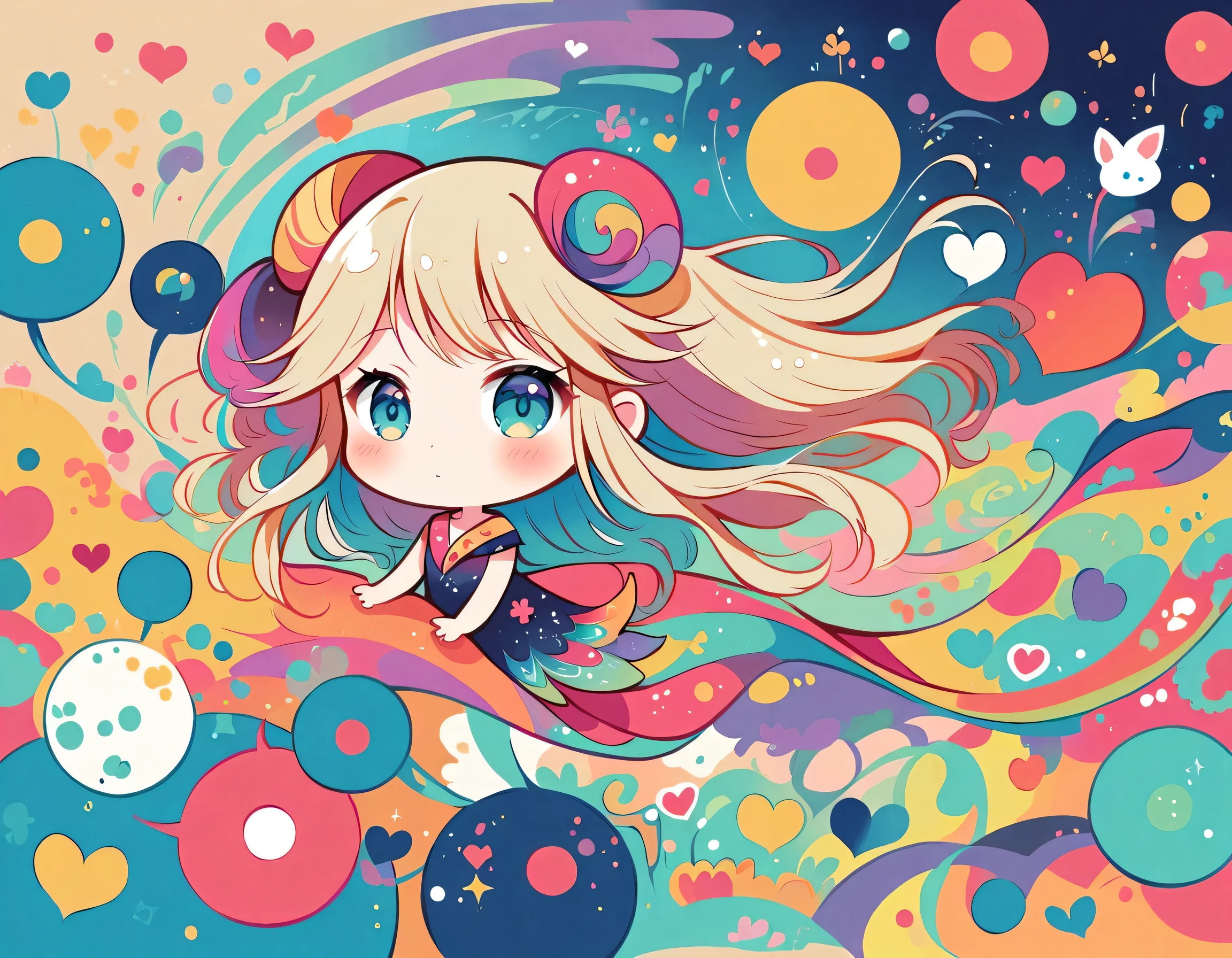 Momoko style, Simple Line Initialism，Abstract art，Urban Background, colorful hearts ,(((The most beautiful girl of all time))), (((chibi))), Cute amoeba