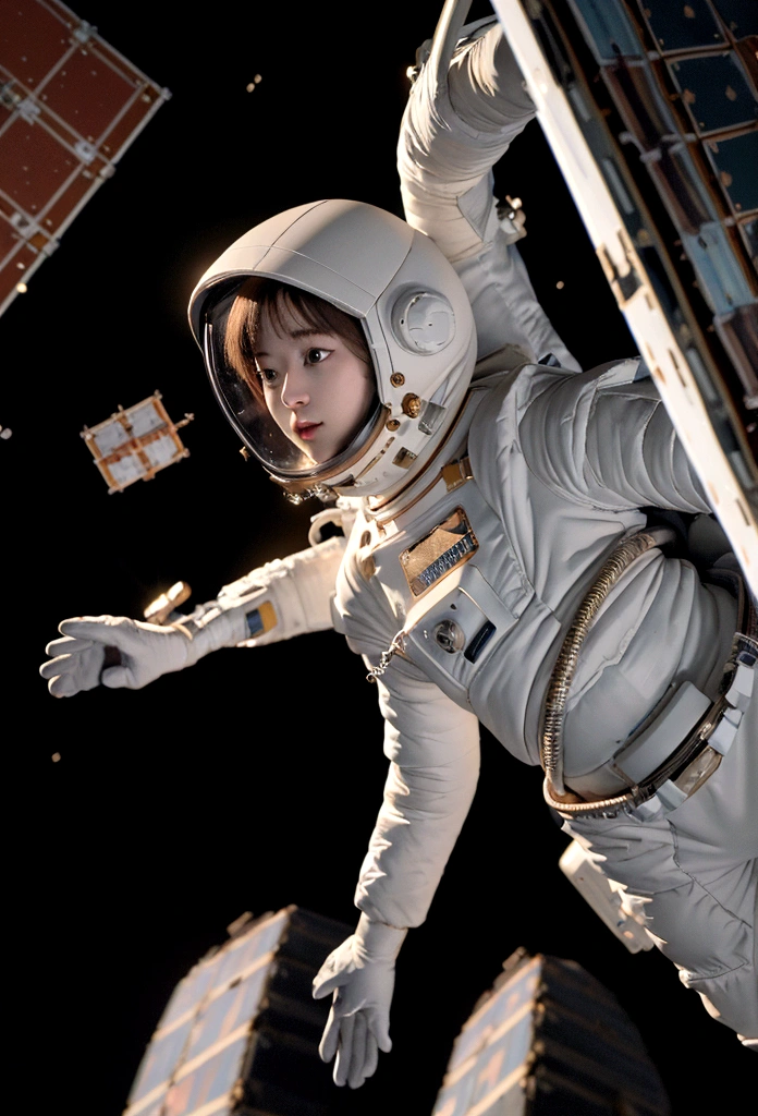 Ridiculous resolution, high resolution, (masterpiece:1.4), Extremely detailed, 1 Girl, in spacesuit, Look from above, space, floating, satellite, Running posture, Wide-angle lens distortion，nude
