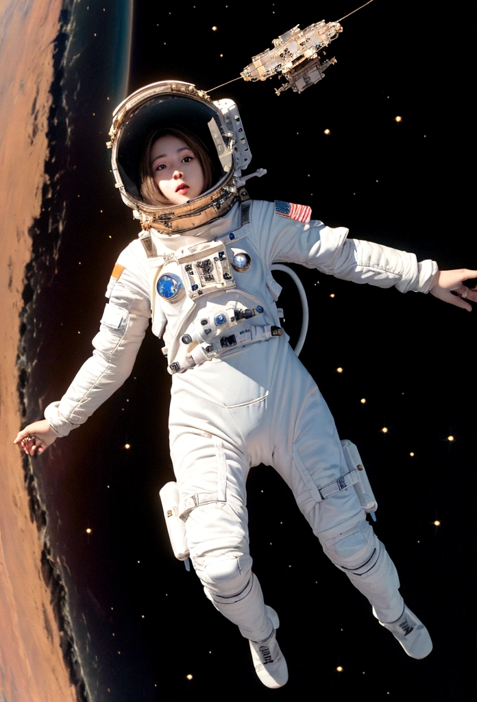 Ridiculous resolution, high resolution, (masterpiece:1.4), Extremely detailed, 1 Girl, in spacesuit, Look from above, space, floating, satellite, Running posture, Wide-angle lens distortion,nude