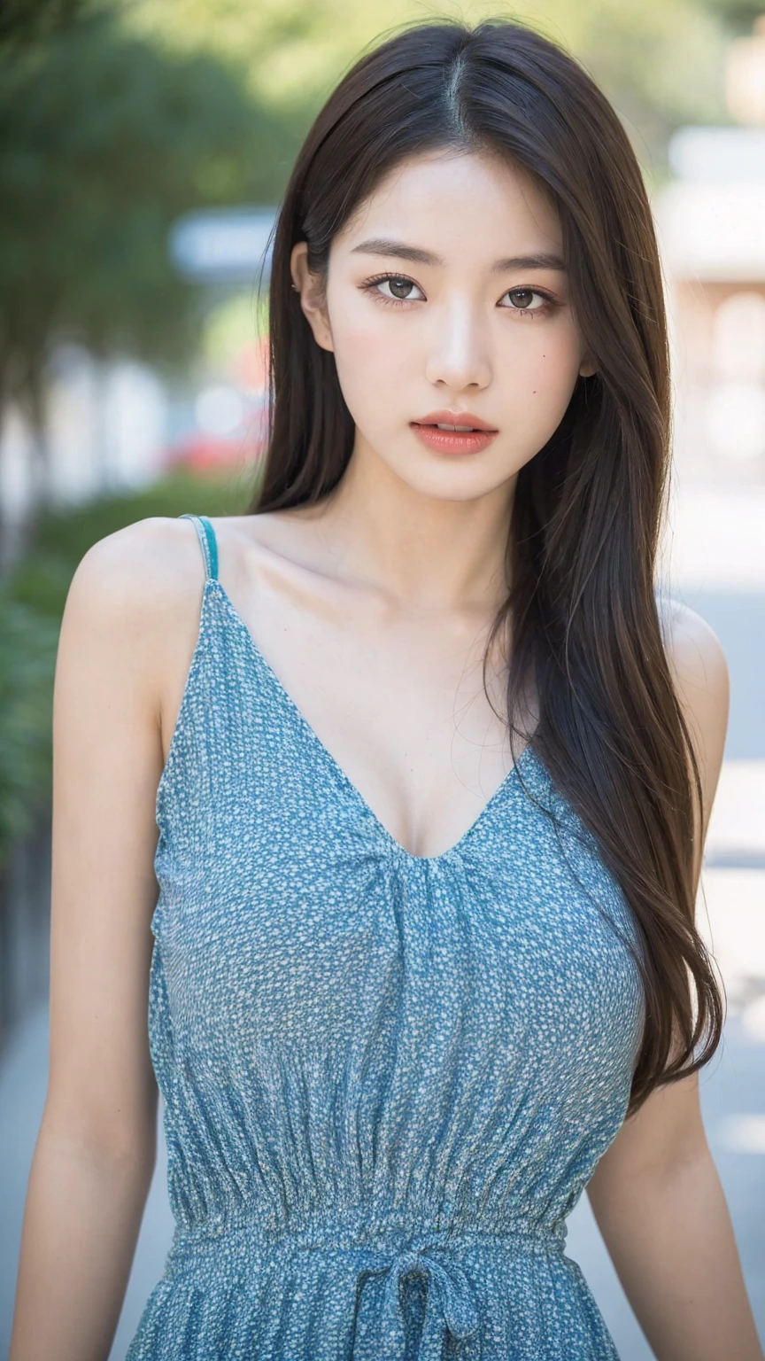 ((Best quality, 8K, masterpiece:1.3)),1girl,18 years old,Asian,Real texture:1.3,(Background blur:1.3),Gorgeous long dress,Tall and slender figure:1.2,(Hot summer weather),(street:1.3),Highly detailed face and skin textures,Exquisite eyes,Long eyelashes,Double eyelids,Skin Whitening,happy,Big breasts