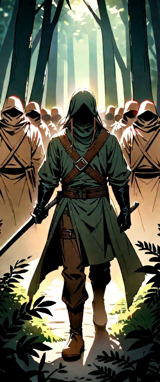 A bandit with a long hair holding a sword with his army behind him, set in a forest. Approaching perfection, Long take shot, Ultra detailed, smooth, 4K resolution.