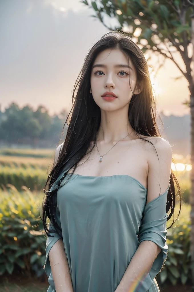 (((best quality))),(((ultra detailed))),(((masterpiece))),illustration,((1 beautiful girl,solo)),((slim,thin,flat chest)),(shoulder length straight bob hair:1.2),flowing hair,fair skin,(shiny skin:1.3),sparkling eyes,laughing,halter blue sundress,delicate necklace,grass,dewdropletts,trees,bird chirping,serenity,gratitude,awe,wonders of nature,peace,contentment,magnificent world,summer,(pitch-dark dawn:1.5),(night scene:1.3),upper body,from front,after rain,(wet:1.3),standing,on the path,confident gaze,elegant posture,mysterious atmosphere,solemn mood,dawn approaching,detailed decorations,(sunrise:1.3),rainbow,(Rural Landscape:1.2)