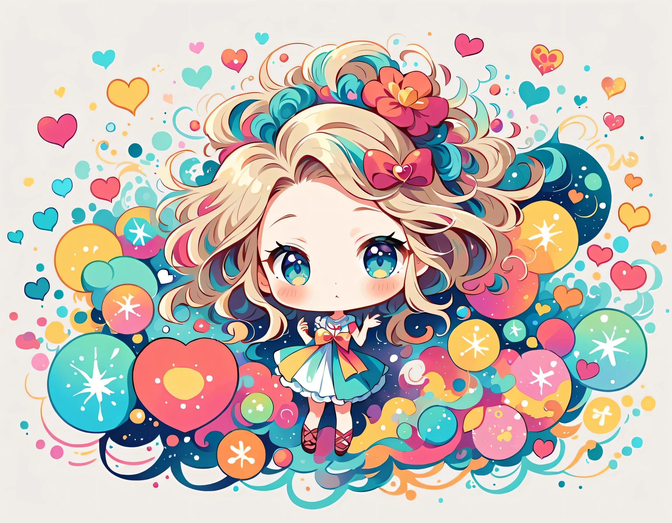 Momoko style, Simple Line Initialism,Abstract art,Urban Background, colorful hearts ,(((The most beautiful girl of all time))), (((chibi))), Cute amoeba