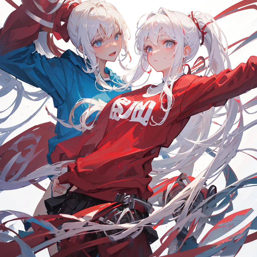 A girl with a high ponytail wearing a red sweatshirt，Beautiful figure，White hair，((Pure white background))