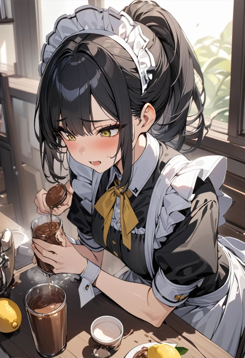 masterpiece, best quality, extremely detailed, anime, Girl, black hair, ponytail, maid outfit, table, cocoa, (she squeezing lemon), juice poured into cocoa,